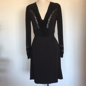 Vintage black knit v neck long sleeved dress with leather and lace trim, S